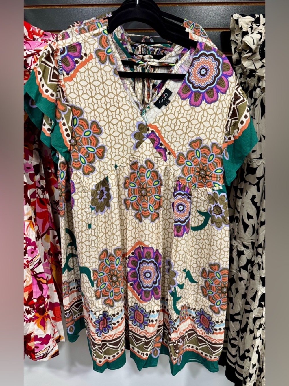 Printed V-Neck Short Sleeve Midi Dress in Teal Multi - Picture 2 of 2